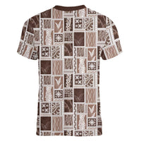 Vintage Aloha Block Quilt Women V-Neck T-Shirt Beige Inspired Lei Motifs - Polynesian Pride