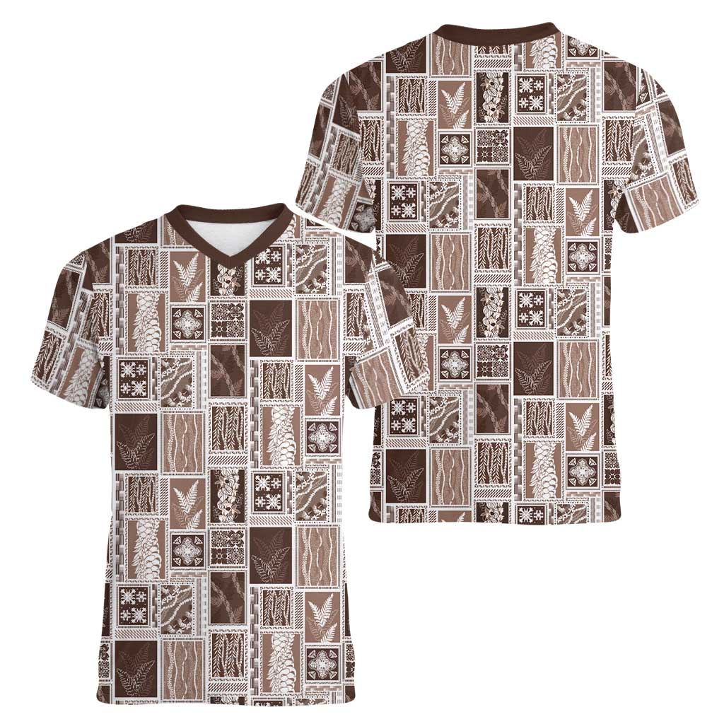 Vintage Aloha Block Quilt Women V-Neck T-Shirt Beige Inspired Lei Motifs - Polynesian Pride