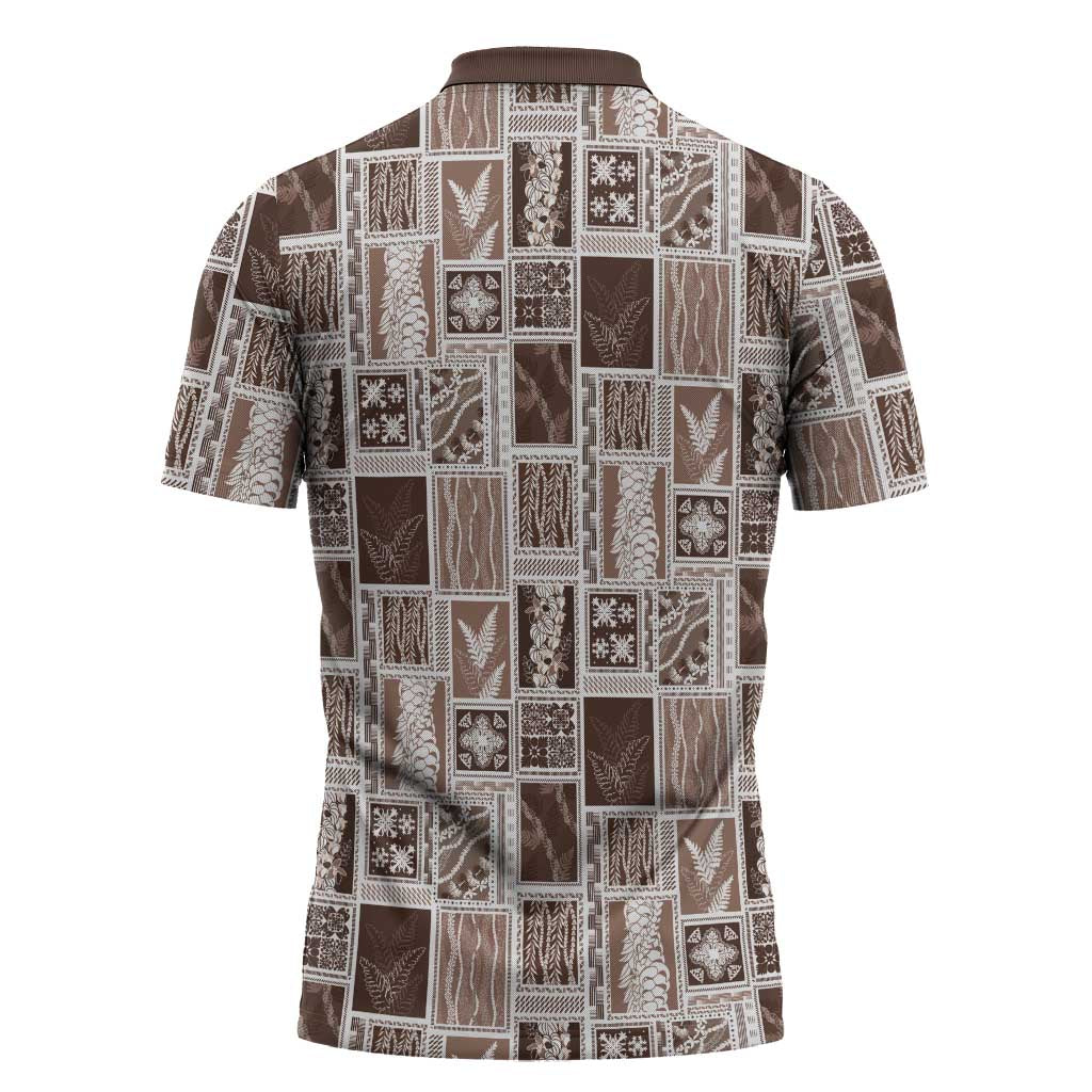 Vintage Aloha Block Quilt Zipper Polo Shirt Beige Inspired Lei Motifs - Polynesian Pride