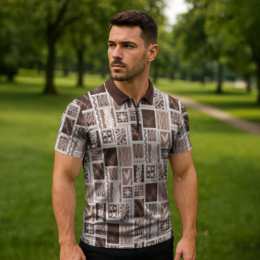 Vintage Aloha Block Quilt Zipper Polo Shirt Beige Inspired Lei Motifs - Polynesian Pride