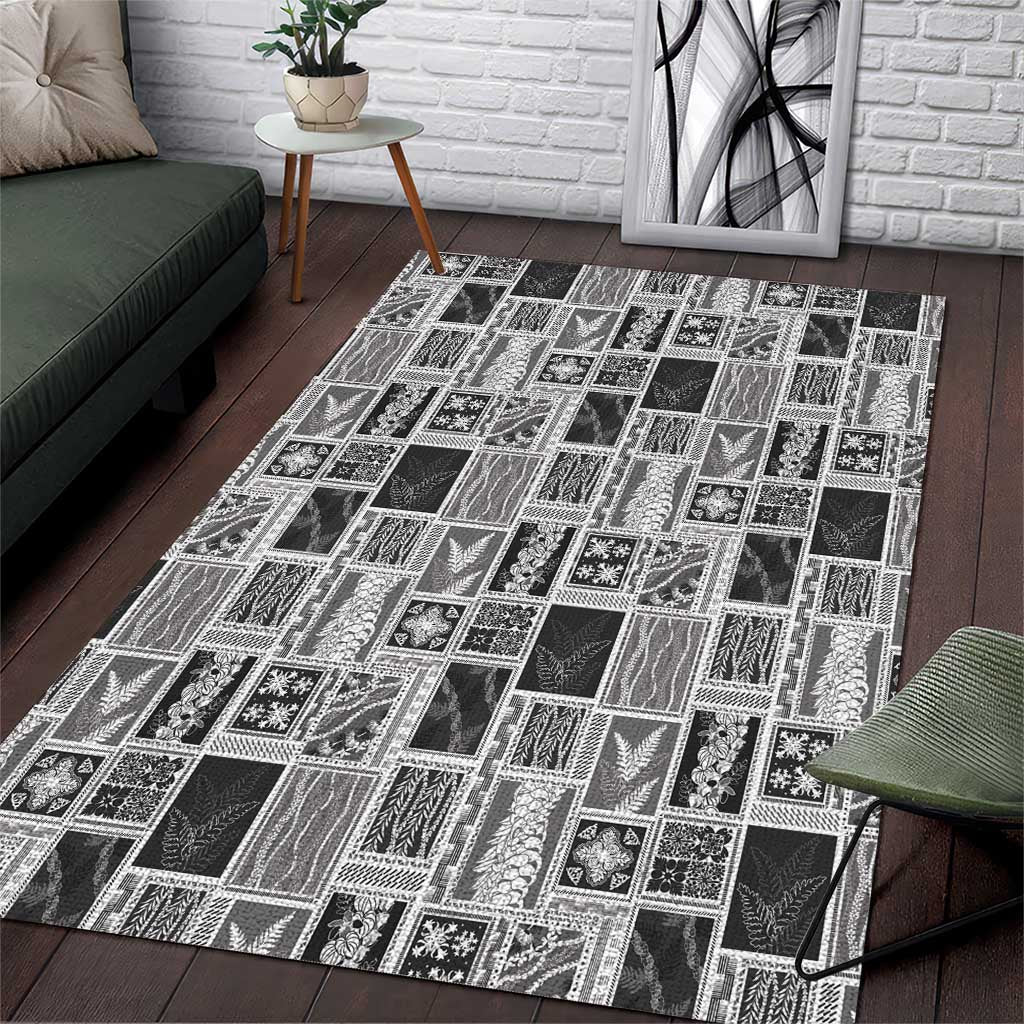 Vintage Aloha Block Quilt Area Rug Black Inspired Lei Motifs - Polynesian Pride