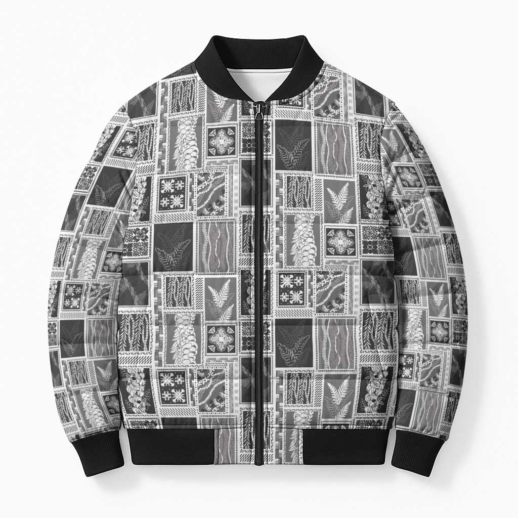 Vintage Aloha Block Quilt Bomber Puffer Jacket Black Inspired Lei Motifs - Polynesian Pride
