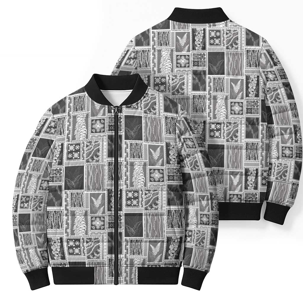 Vintage Aloha Block Quilt Bomber Puffer Jacket Black Inspired Lei Motifs - Polynesian Pride