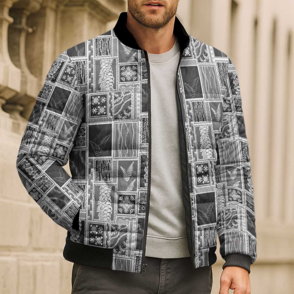 Vintage Aloha Block Quilt Bomber Puffer Jacket Black Inspired Lei Motifs - Polynesian Pride
