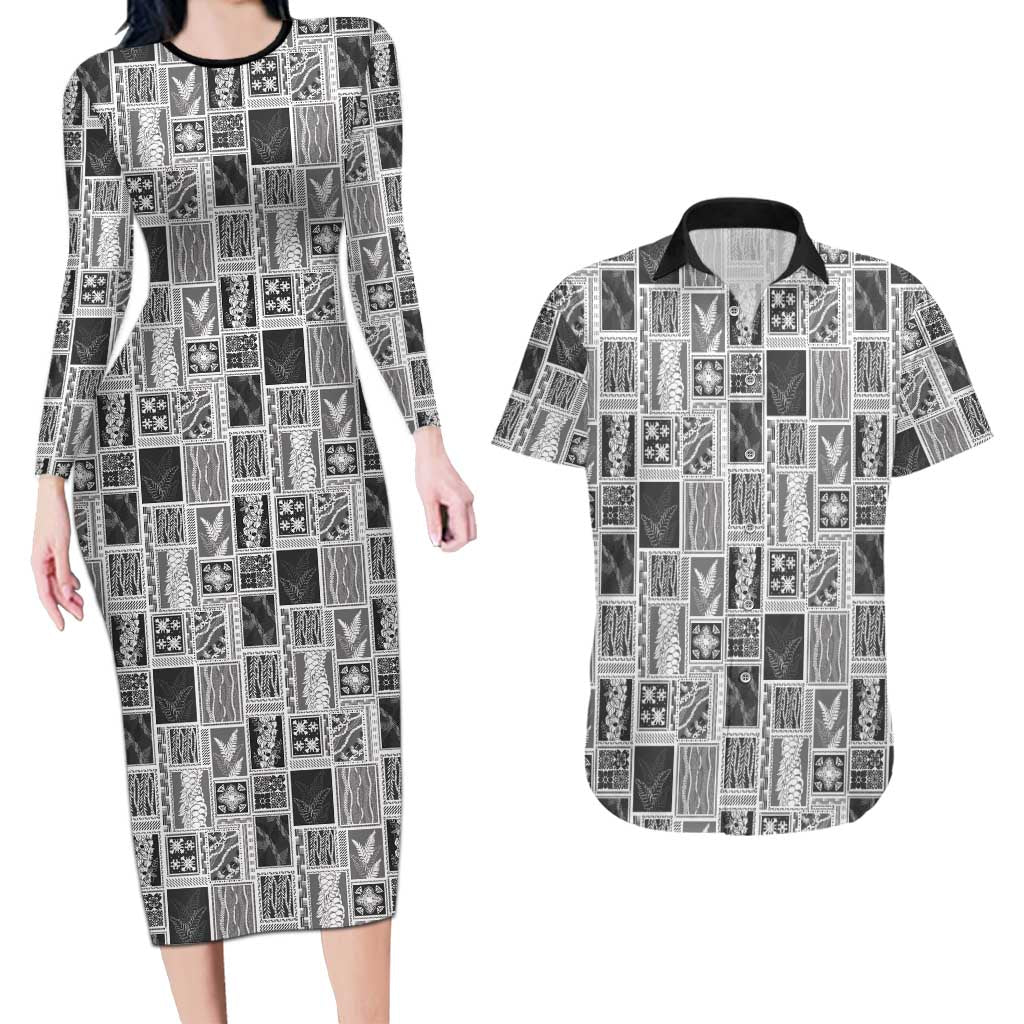 Vintage Aloha Block Quilt Couples Matching Long Sleeve Bodycon Dress and Hawaiian Shirt Black Inspired Lei Motifs LT9 Black - Polynesian Pride