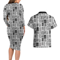 Vintage Aloha Block Quilt Couples Matching Long Sleeve Bodycon Dress and Hawaiian Shirt Black Inspired Lei Motifs LT9 - Polynesian Pride