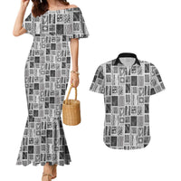 Vintage Aloha Block Quilt Couples Matching Mermaid Dress and Hawaiian Shirt Black Inspired Lei Motifs LT9 Black - Polynesian Pride