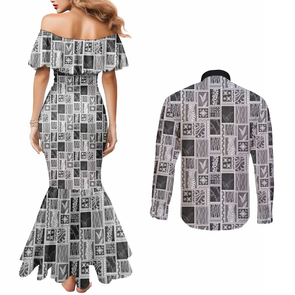 Vintage Aloha Block Quilt Couples Matching Mermaid Dress and Long Sleeve Button Shirt Black Inspired Lei Motifs - Polynesian Pride