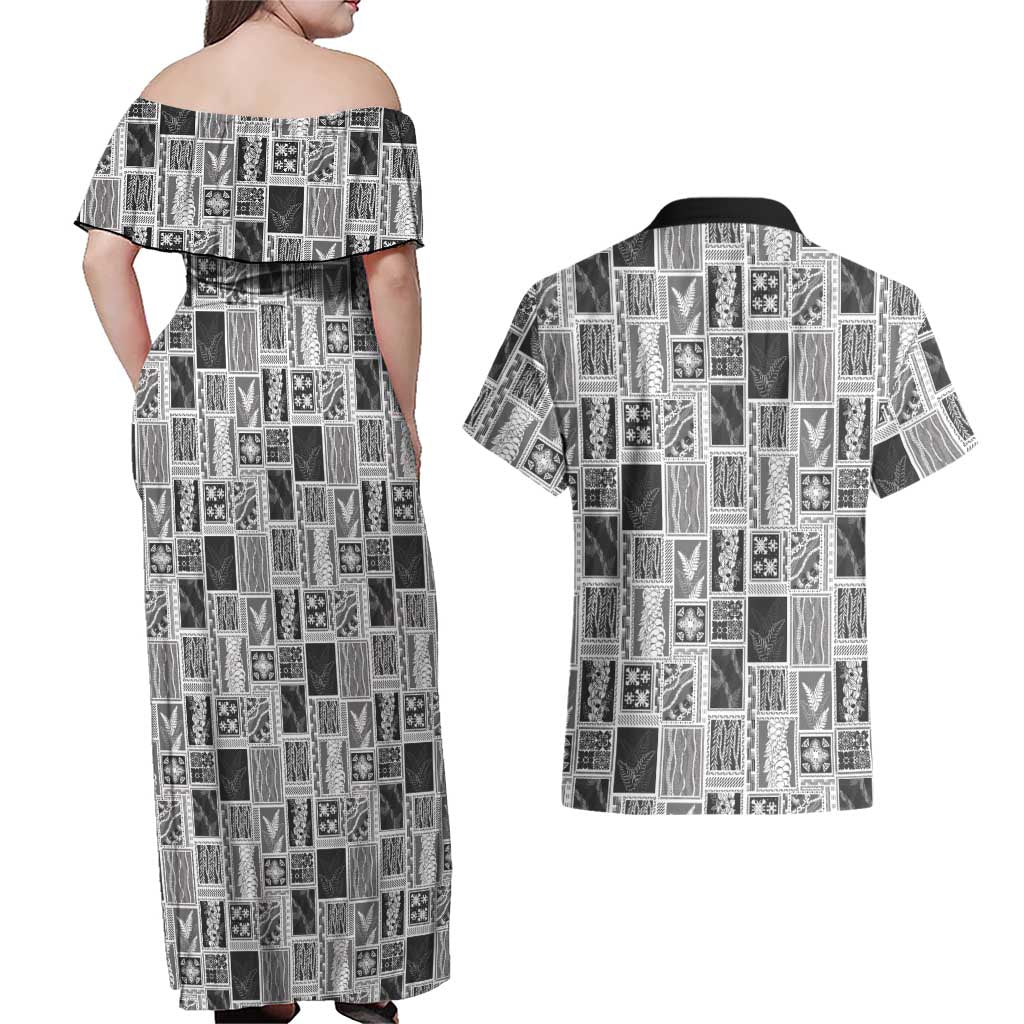 Vintage Aloha Block Quilt Couples Matching Off Shoulder Maxi Dress and Hawaiian Shirt Black Inspired Lei Motifs - Polynesian Pride