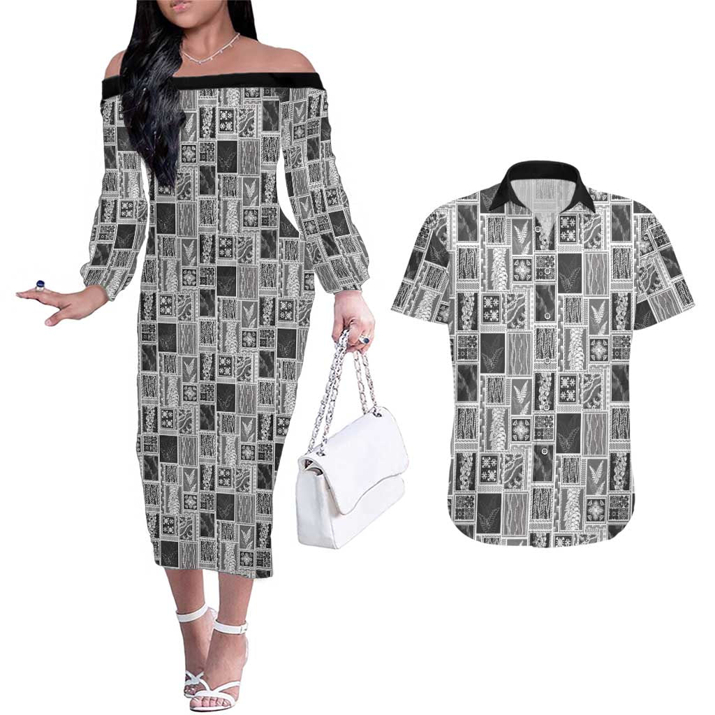 Vintage Aloha Block Quilt Couples Matching Off The Shoulder Long Sleeve Dress and Hawaiian Shirt Black Inspired Lei Motifs LT9 Black - Polynesian Pride