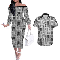 Vintage Aloha Block Quilt Couples Matching Off The Shoulder Long Sleeve Dress and Hawaiian Shirt Black Inspired Lei Motifs LT9 Black - Polynesian Pride