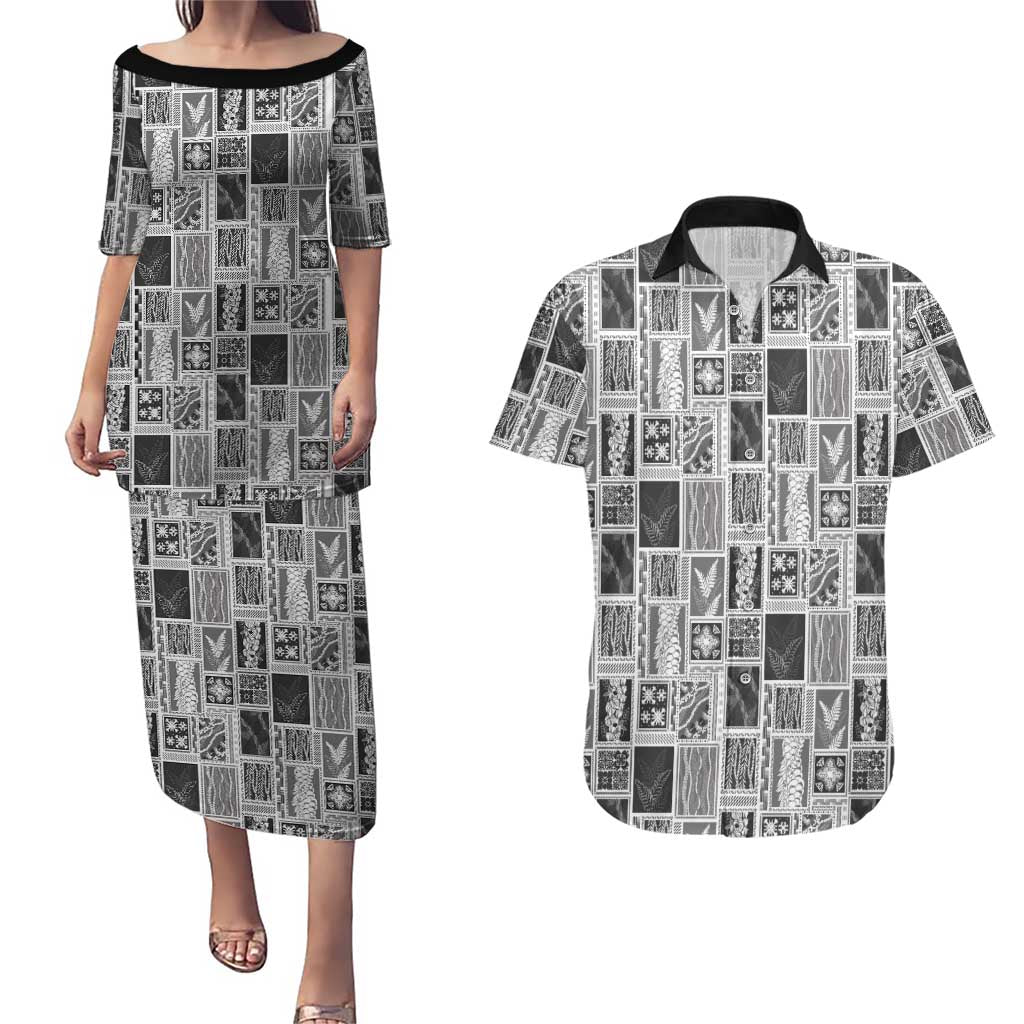 Vintage Aloha Block Quilt Couples Matching Puletasi and Hawaiian Shirt Black Inspired Lei Motifs - Polynesian Pride