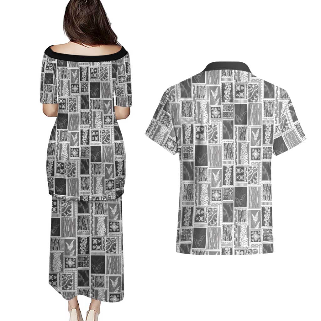 Vintage Aloha Block Quilt Couples Matching Puletasi and Hawaiian Shirt Black Inspired Lei Motifs - Polynesian Pride