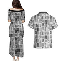 Vintage Aloha Block Quilt Couples Matching Puletasi and Hawaiian Shirt Black Inspired Lei Motifs - Polynesian Pride