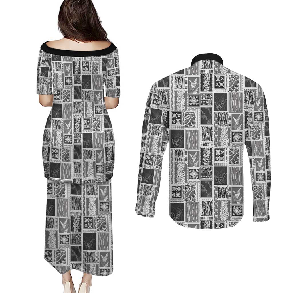 Vintage Aloha Block Quilt Couples Matching Puletasi and Long Sleeve Button Shirt Black Inspired Lei Motifs - Polynesian Pride