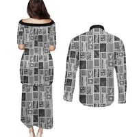 Vintage Aloha Block Quilt Couples Matching Puletasi and Long Sleeve Button Shirt Black Inspired Lei Motifs - Polynesian Pride