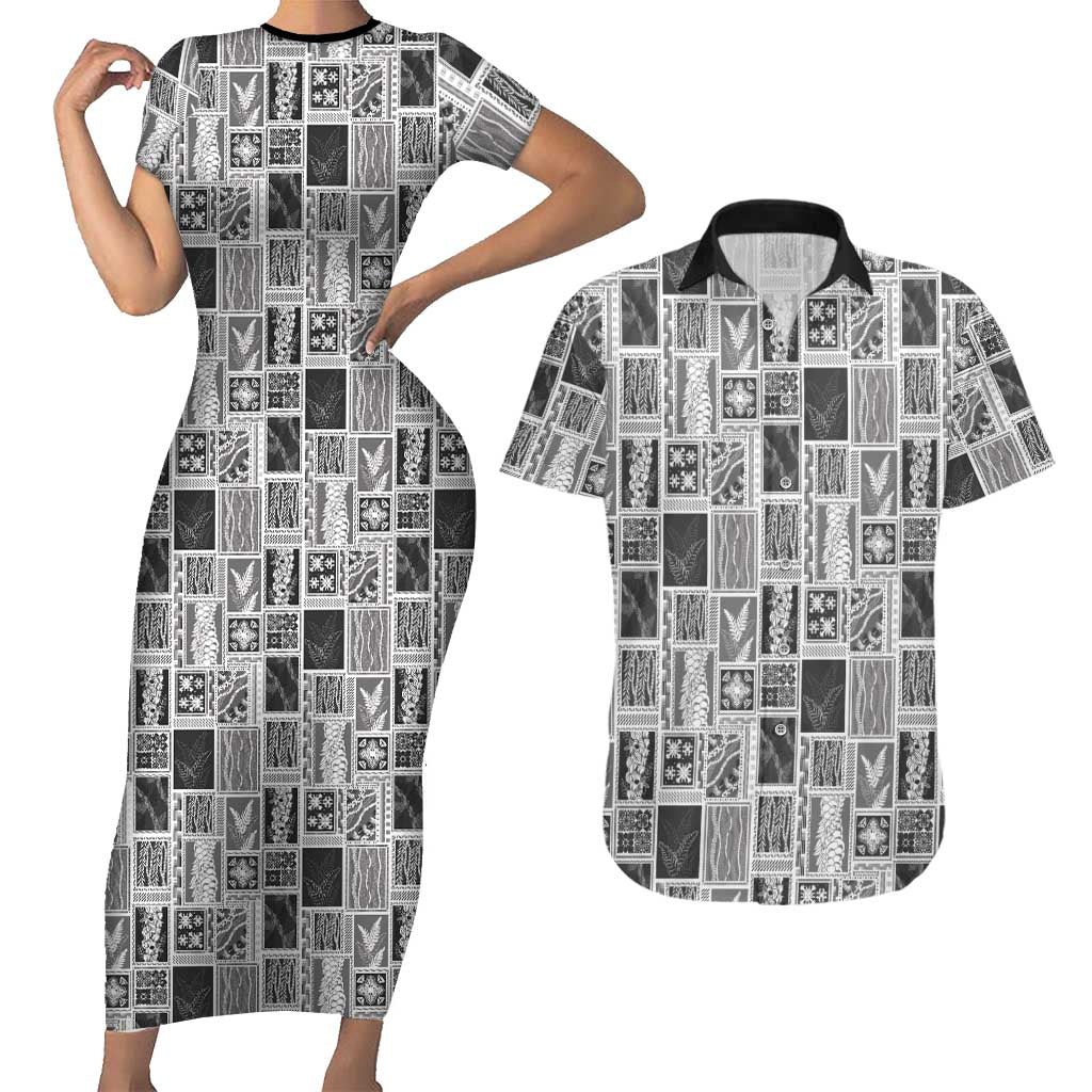 Vintage Aloha Block Quilt Couples Matching Short Sleeve Bodycon Dress and Hawaiian Shirt Black Inspired Lei Motifs LT9 Black - Polynesian Pride