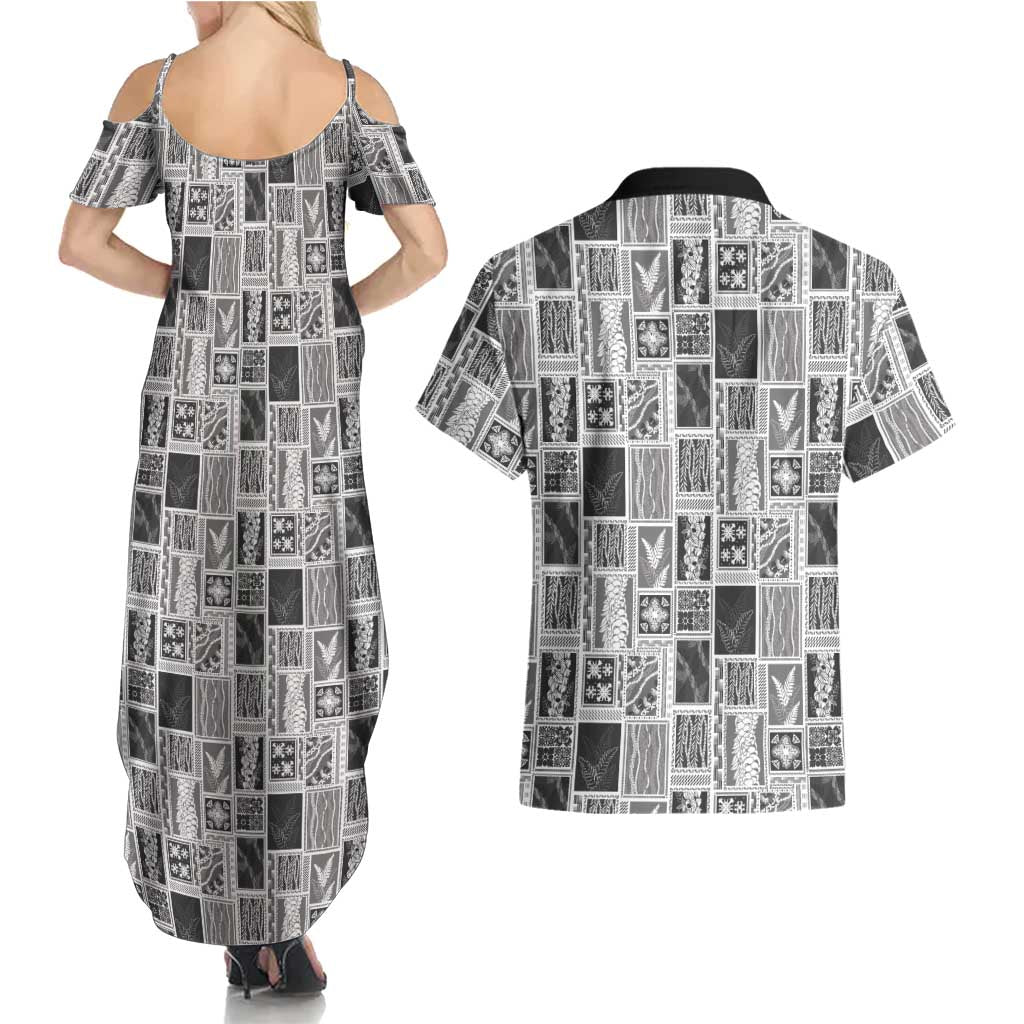 Vintage Aloha Block Quilt Couples Matching Summer Maxi Dress and Hawaiian Shirt Black Inspired Lei Motifs - Polynesian Pride