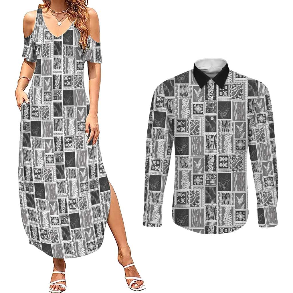 Vintage Aloha Block Quilt Couples Matching Summer Maxi Dress and Long Sleeve Button Shirt Black Inspired Lei Motifs - Polynesian Pride