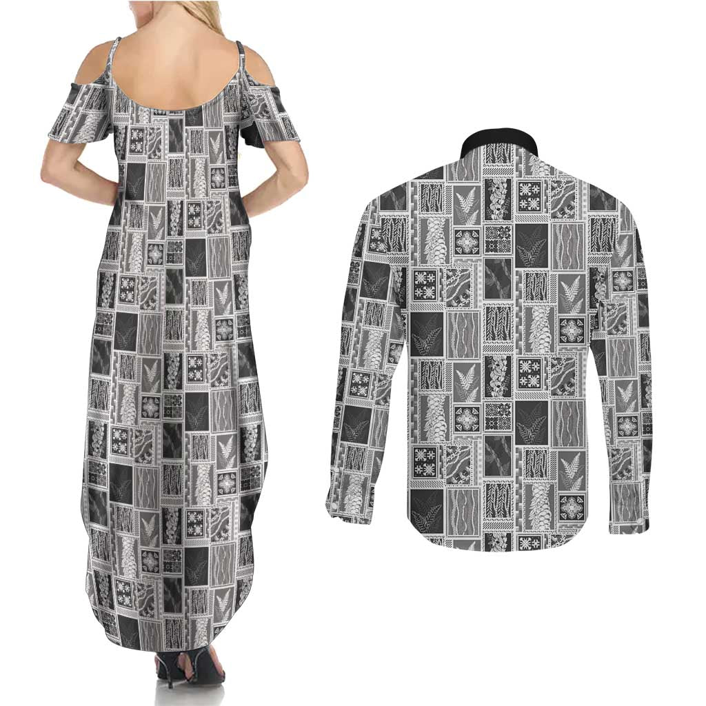 Vintage Aloha Block Quilt Couples Matching Summer Maxi Dress and Long Sleeve Button Shirt Black Inspired Lei Motifs - Polynesian Pride