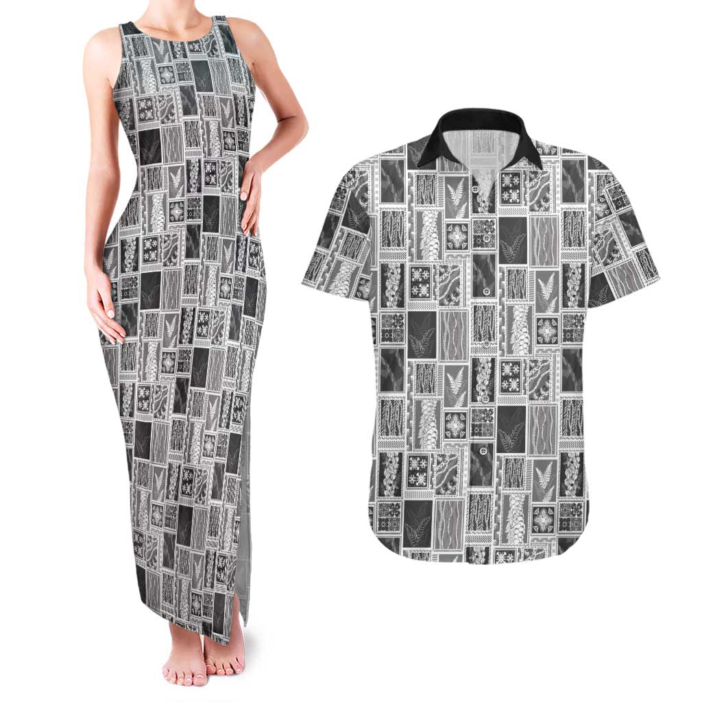 Vintage Aloha Block Quilt Couples Matching Tank Maxi Dress and Hawaiian Shirt Black Inspired Lei Motifs LT9 Black - Polynesian Pride