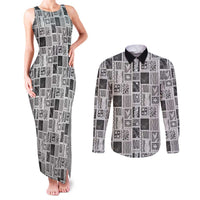 Vintage Aloha Block Quilt Couples Matching Tank Maxi Dress and Long Sleeve Button Shirt Black Inspired Lei Motifs - Polynesian Pride