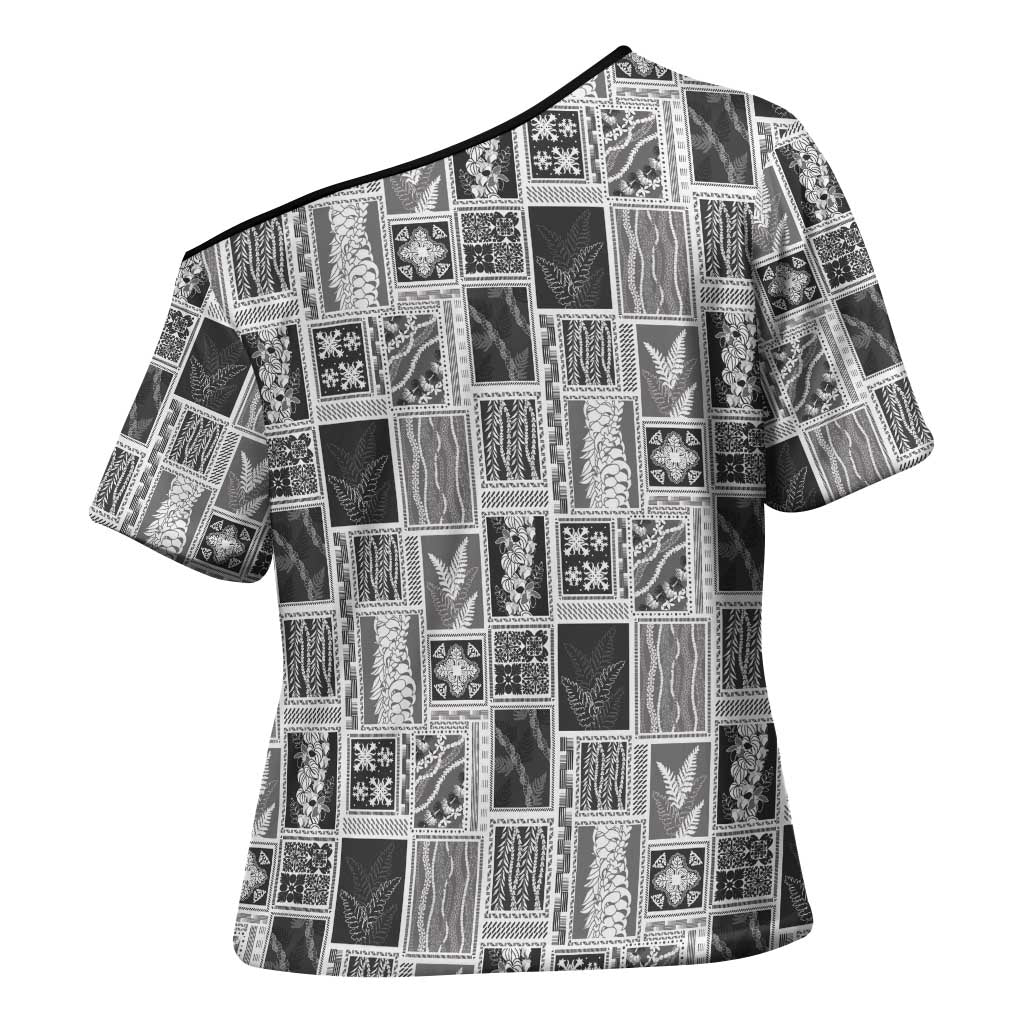 Vintage Aloha Block Quilt Cross Shoulder Shirt Black Inspired Lei Motifs - Polynesian Pride