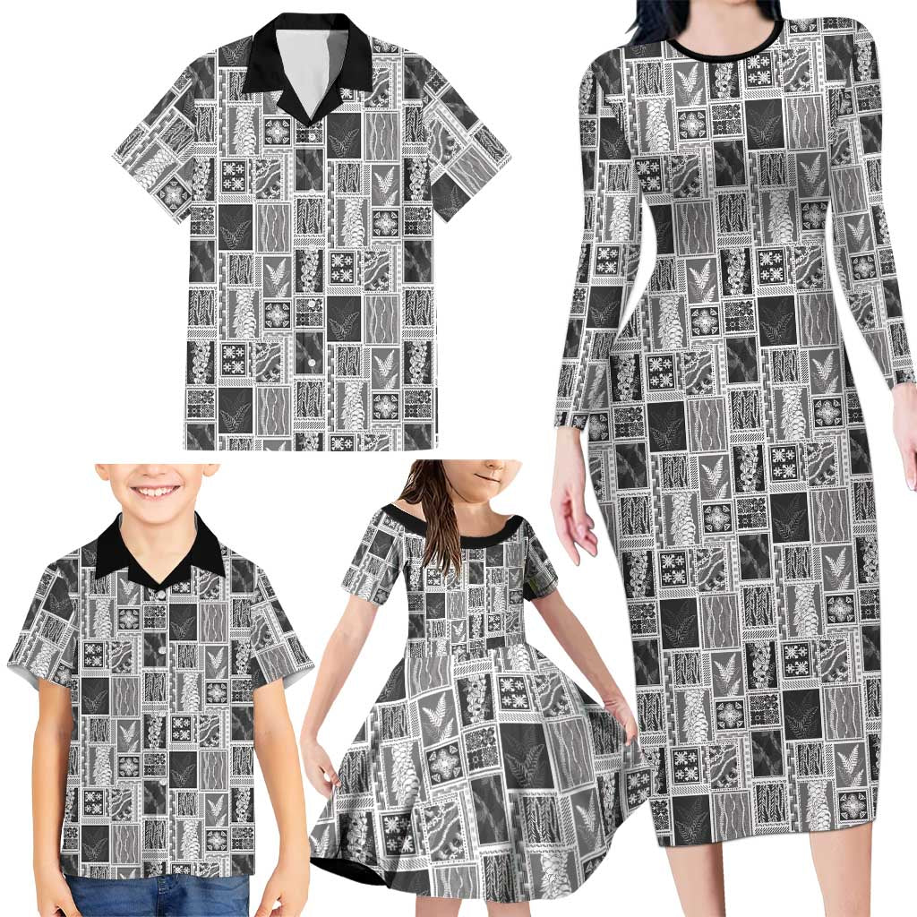 Vintage Aloha Block Quilt Family Matching Long Sleeve Bodycon Dress and Hawaiian Shirt Black Inspired Lei Motifs LT9 - Polynesian Pride