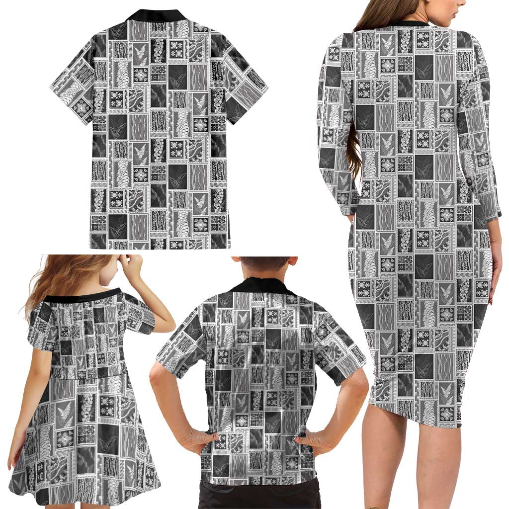 Vintage Aloha Block Quilt Family Matching Long Sleeve Bodycon Dress and Hawaiian Shirt Black Inspired Lei Motifs LT9 - Polynesian Pride