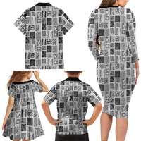 Vintage Aloha Block Quilt Family Matching Long Sleeve Bodycon Dress and Hawaiian Shirt Black Inspired Lei Motifs LT9 - Polynesian Pride