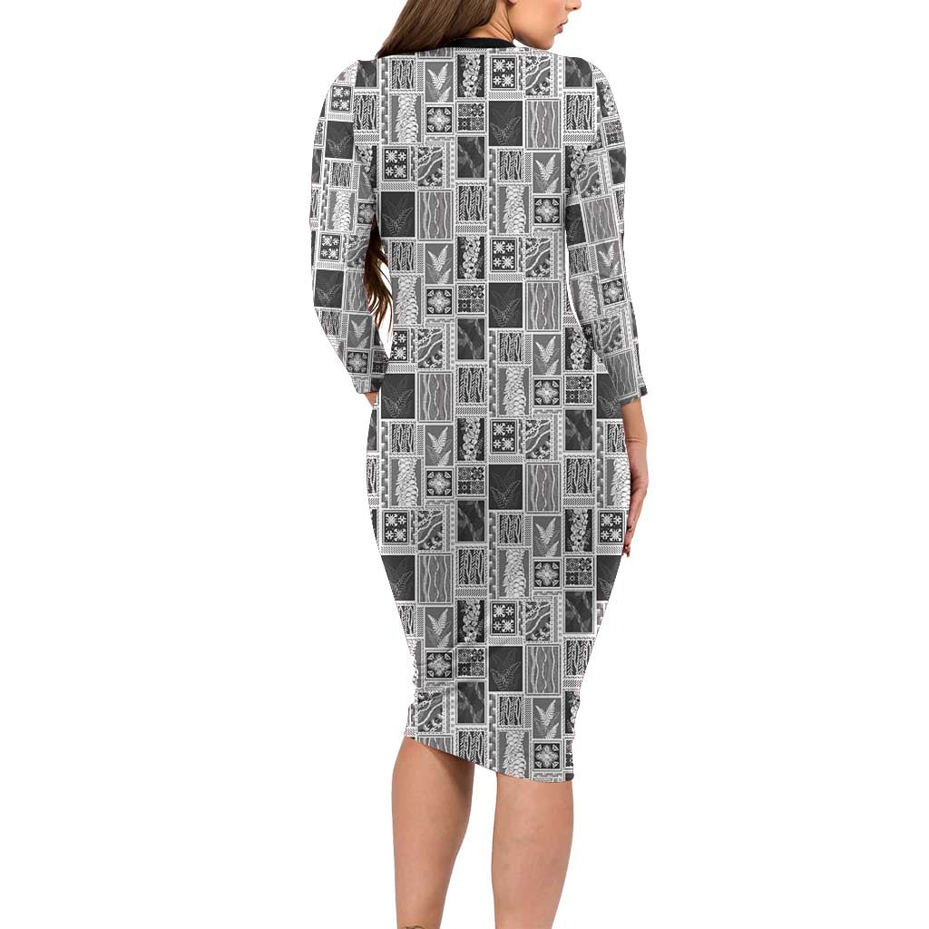 Vintage Aloha Block Quilt Family Matching Long Sleeve Bodycon Dress and Hawaiian Shirt Black Inspired Lei Motifs LT9 - Polynesian Pride