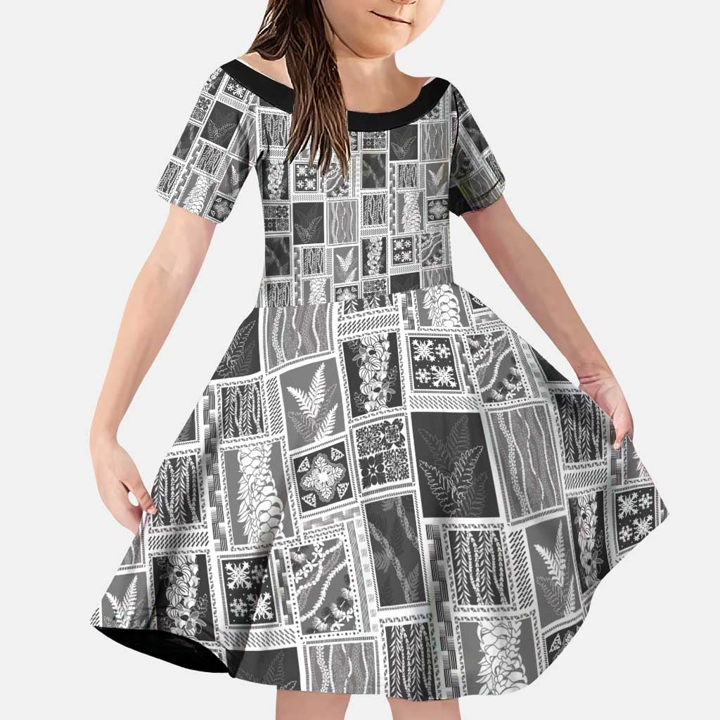 Vintage Aloha Block Quilt Family Matching Off The Shoulder Long Sleeve Dress and Hawaiian Shirt Black Inspired Lei Motifs LT9 Daughter's Dress Black - Polynesian Pride