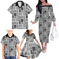Vintage Aloha Block Quilt Family Matching Off The Shoulder Long Sleeve Dress and Hawaiian Shirt Black Inspired Lei Motifs LT9 - Polynesian Pride