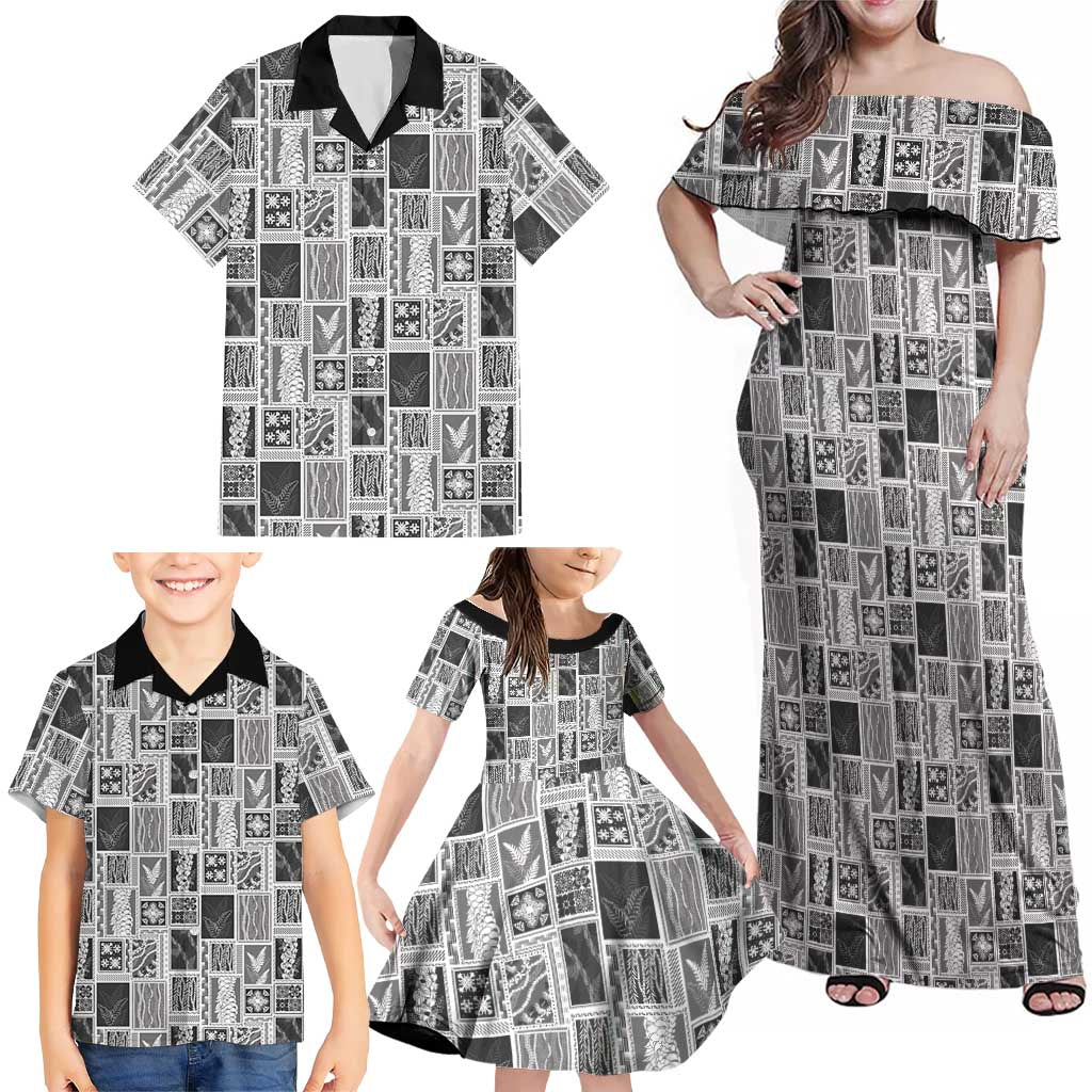 Vintage Aloha Block Quilt Family Matching Off Shoulder Maxi Dress and Hawaiian Shirt Black Inspired Lei Motifs - Polynesian Pride
