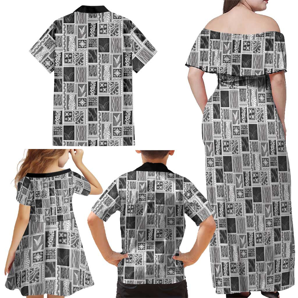Vintage Aloha Block Quilt Family Matching Off Shoulder Maxi Dress and Hawaiian Shirt Black Inspired Lei Motifs LT9 - Polynesian Pride