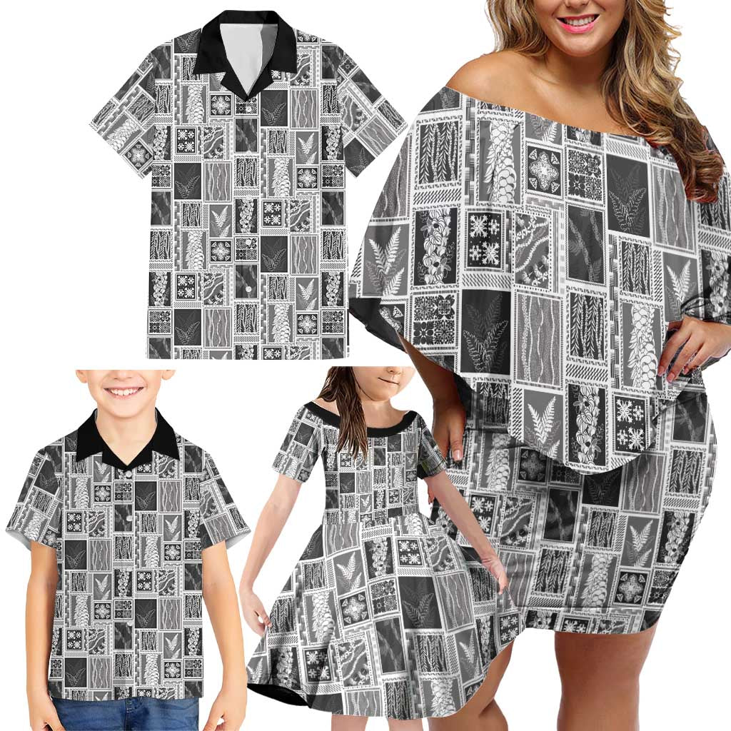 Vintage Aloha Block Quilt Family Matching Off Shoulder Short Dress and Hawaiian Shirt Black Inspired Lei Motifs LT9 - Polynesian Pride