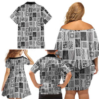 Vintage Aloha Block Quilt Family Matching Off Shoulder Short Dress and Hawaiian Shirt Black Inspired Lei Motifs LT9 - Polynesian Pride