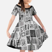 Vintage Aloha Block Quilt Family Matching Short Sleeve Bodycon Dress and Hawaiian Shirt Black Inspired Lei Motifs LT9 Daughter's Dress Black - Polynesian Pride