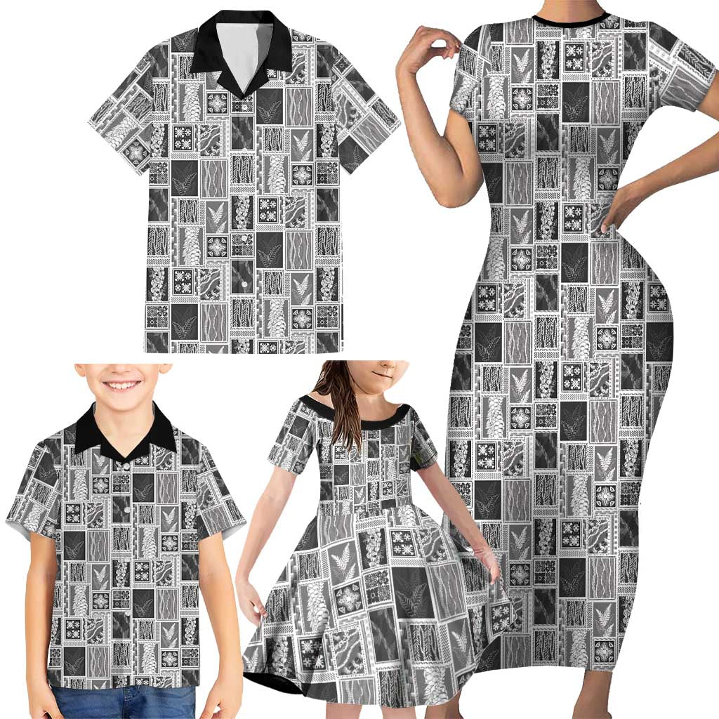 Vintage Aloha Block Quilt Family Matching Short Sleeve Bodycon Dress and Hawaiian Shirt Black Inspired Lei Motifs - Polynesian Pride