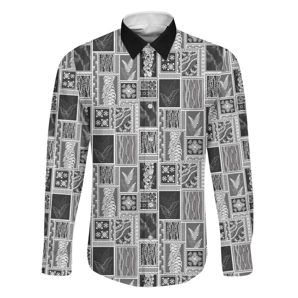 Vintage Aloha Block Quilt Family Matching Summer Maxi Dress and Hawaiian Shirt Black Inspired Lei Motifs LT9 Dad's Shirt - Long Sleeve Black - Polynesian Pride