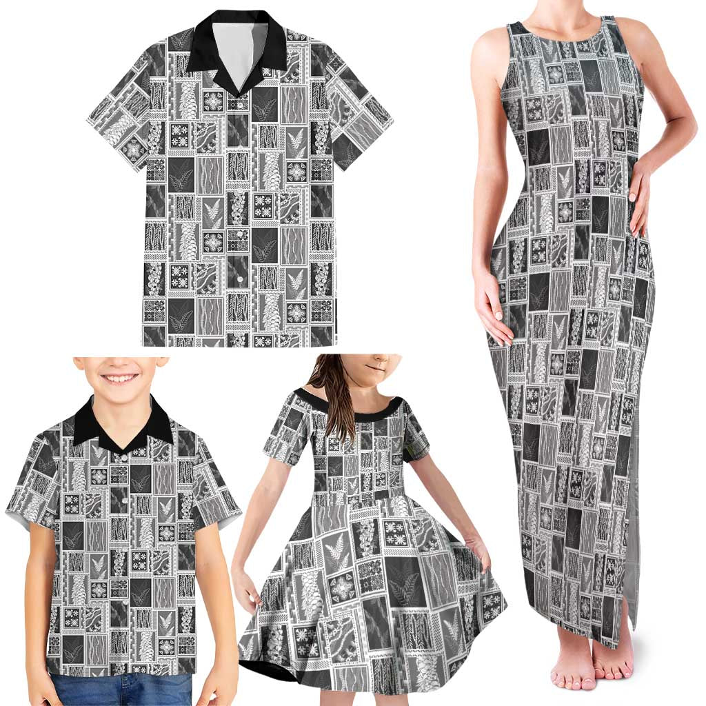 Vintage Aloha Block Quilt Family Matching Tank Maxi Dress and Hawaiian Shirt Black Inspired Lei Motifs LT9 - Polynesian Pride