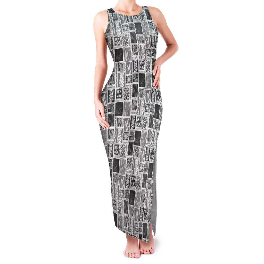 Vintage Aloha Block Quilt Family Matching Tank Maxi Dress and Hawaiian Shirt Black Inspired Lei Motifs LT9 Mom's Dress Black - Polynesian Pride