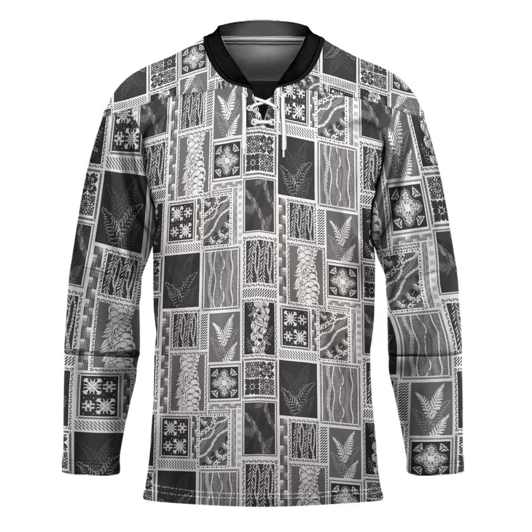 Vintage Aloha Block Quilt Hockey Jersey Black Inspired Lei Motifs - Polynesian Pride