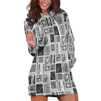 Vintage Aloha Block Quilt Hoodie Dress Black Inspired Lei Motifs - Polynesian Pride
