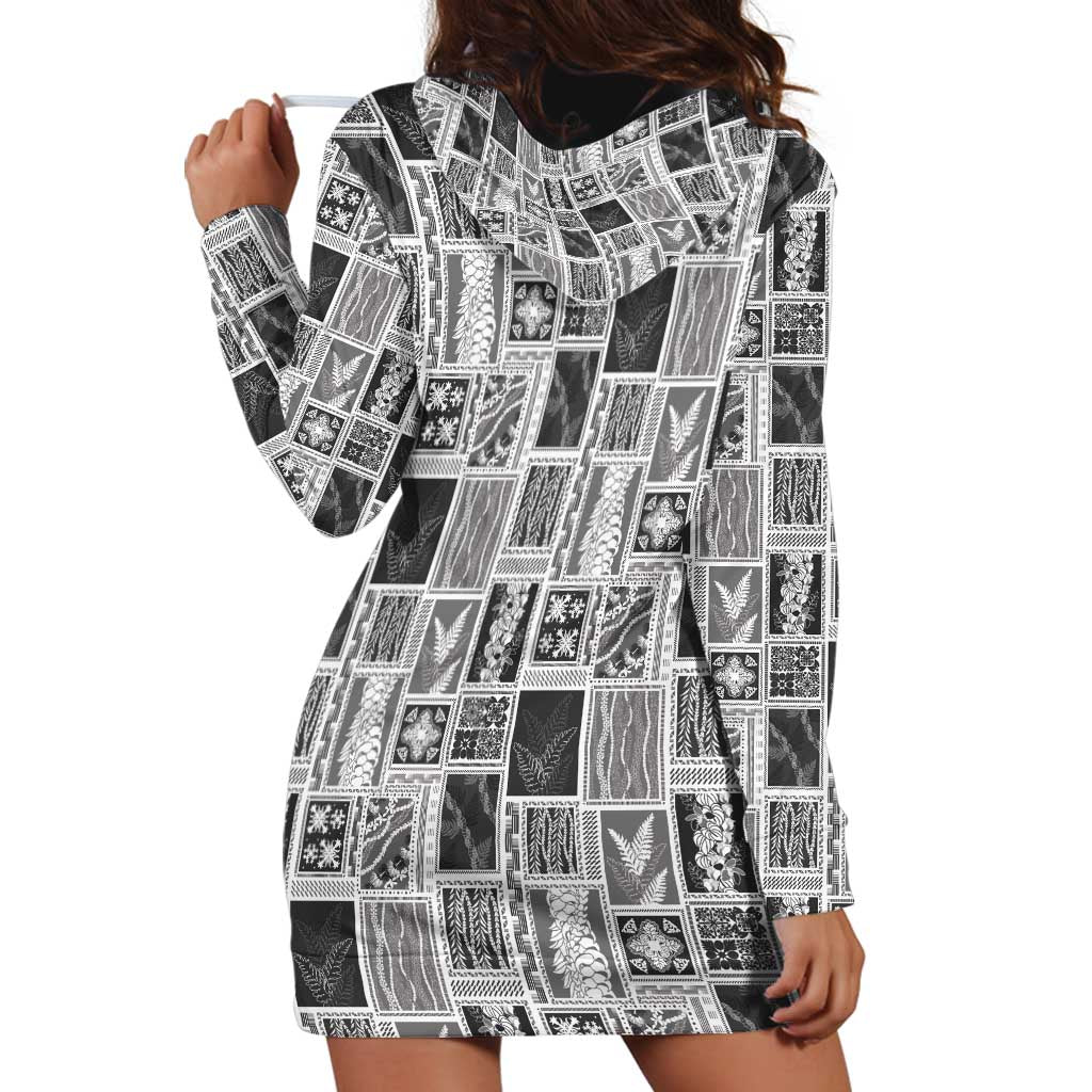 Vintage Aloha Block Quilt Hoodie Dress Black Inspired Lei Motifs - Polynesian Pride