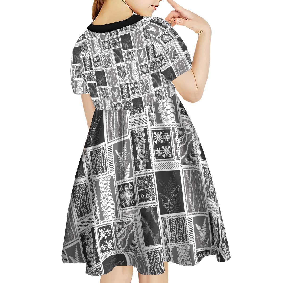 Vintage Aloha Block Quilt Kid Short Sleeve Dress Black Inspired Lei Motifs - Polynesian Pride