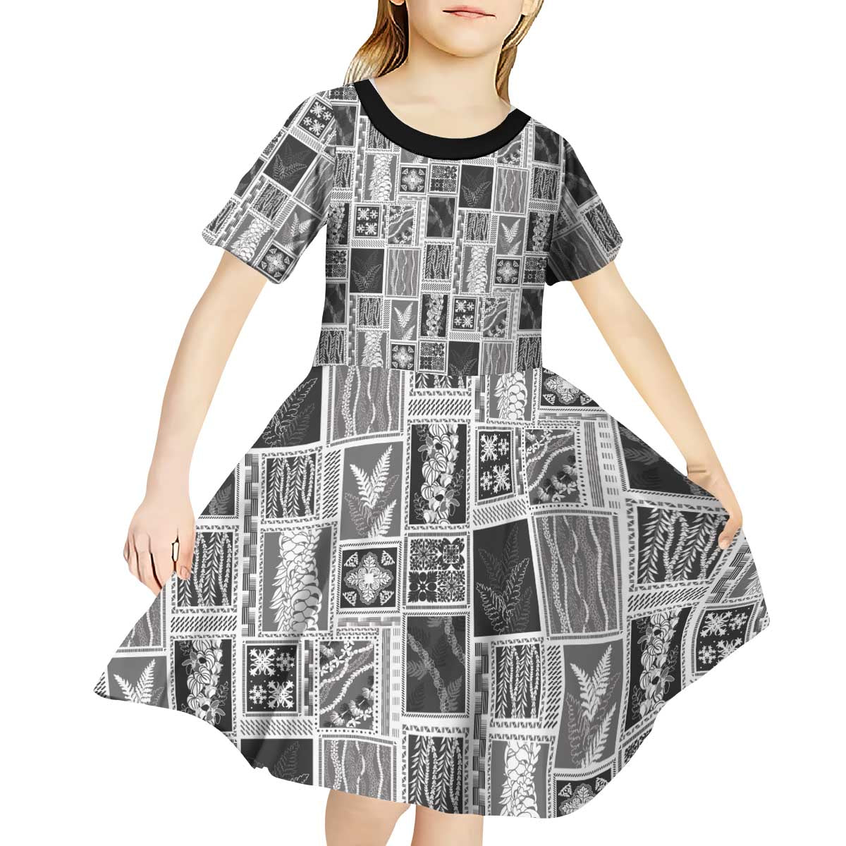 Vintage Aloha Block Quilt Kid Short Sleeve Dress Black Inspired Lei Motifs - Polynesian Pride