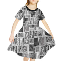 Vintage Aloha Block Quilt Kid Short Sleeve Dress Black Inspired Lei Motifs - Polynesian Pride