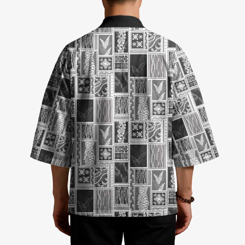 Vintage Aloha Block Quilt Kimono Black Inspired Lei Motifs - Polynesian Pride