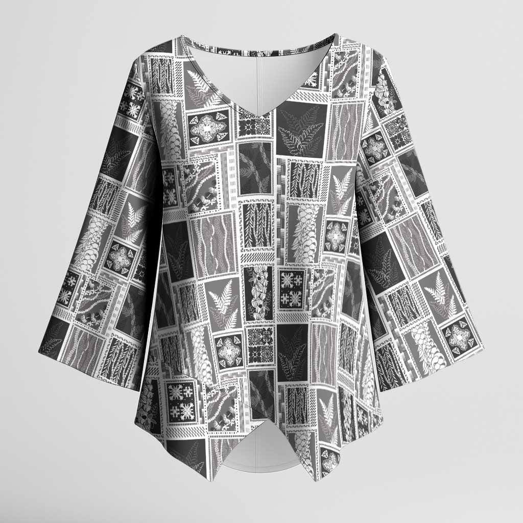 Vintage Aloha Block Quilt Kimono Sleeve Blouse Black Inspired Lei Motifs - Polynesian Pride